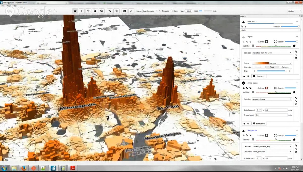 synthicity's tweet photo. Job accessibility in Minneapolis region. Computed with #Pandana. Visualized with #UrbanCanvas (#Synthicity user mtg) http://t.co/NHrpYe07sx