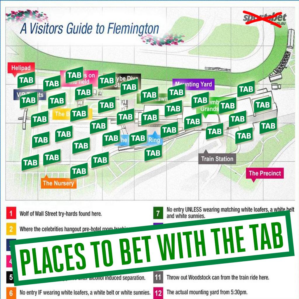 tabcomau's tweet image. Thanks @sportsbetcomau... We've upgraded your map to show where you can bet on track. #MelbourneCup #Flemington