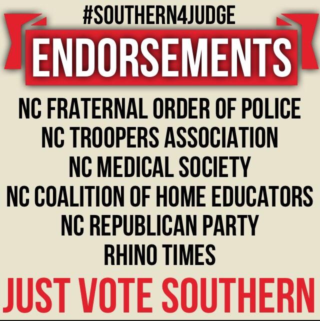 JudgeSouthern's tweet image. I'm proud to have been endorsed by law enforcement, doctors, and educators! #southern4judge #NCJudges14
