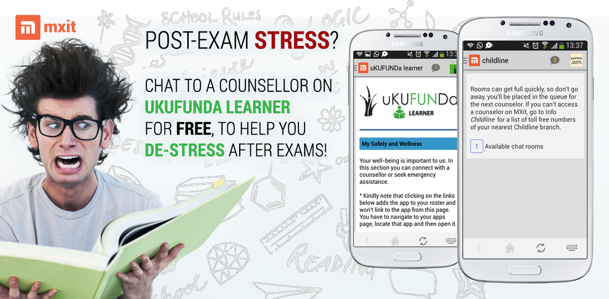 Mxit's tweet photo. Post-exam stress? Get access to a free counsellor through Ukufunda Learner to help you de-stress! #LearnToGrowSA http://t.co/IBQC5w7kGY