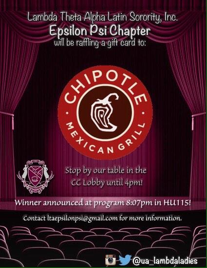 LTA_EpsilonPsi's tweet photo. Today CC LOBBY ❗️ Chipotle gift card for raffle 👀👀👀 http://t.co/Ck8YQU1oFM