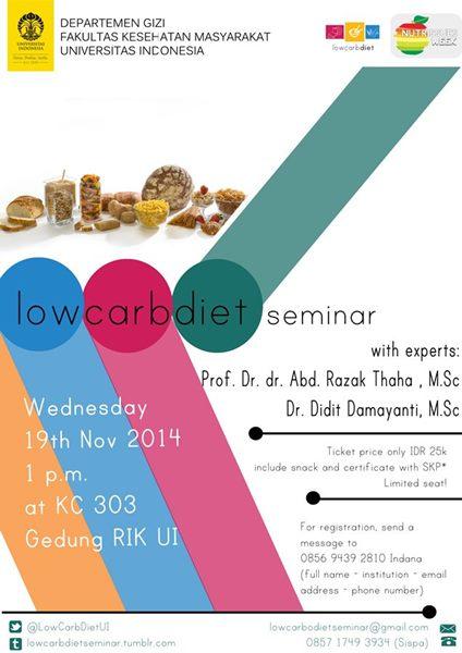 NutrissuesWeek's tweet photo. Low Carb Diet Seminar akan diadakan hari Rabu 19 November 2014 dari pukul 13.00, info lebih lanjut @LowCarbDietUI http://t.co/m8dkNgWFkb