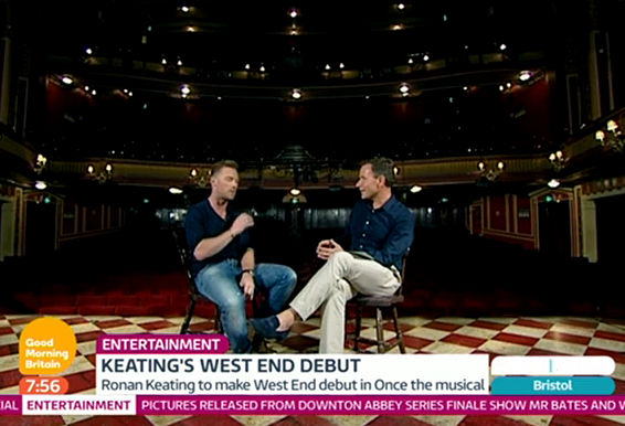 OnceMusicalLDN's tweet photo. ⏰ 30 mins to go ⏰
@RonanOfficial joins the @ITV @GMB team in the studio @ 8:00am to chat about @oncemusicalldn. http://t.co/TFgtjMneks