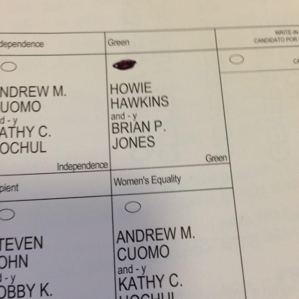 MrFickelstein's tweet photo. Voted for @HowieHawkins then @TheDemocrats str8 down the line ✔️ no more #Cuomo #CuomosGottaGo #Election2014  #nyc http://t.co/PI7MmhOVL9