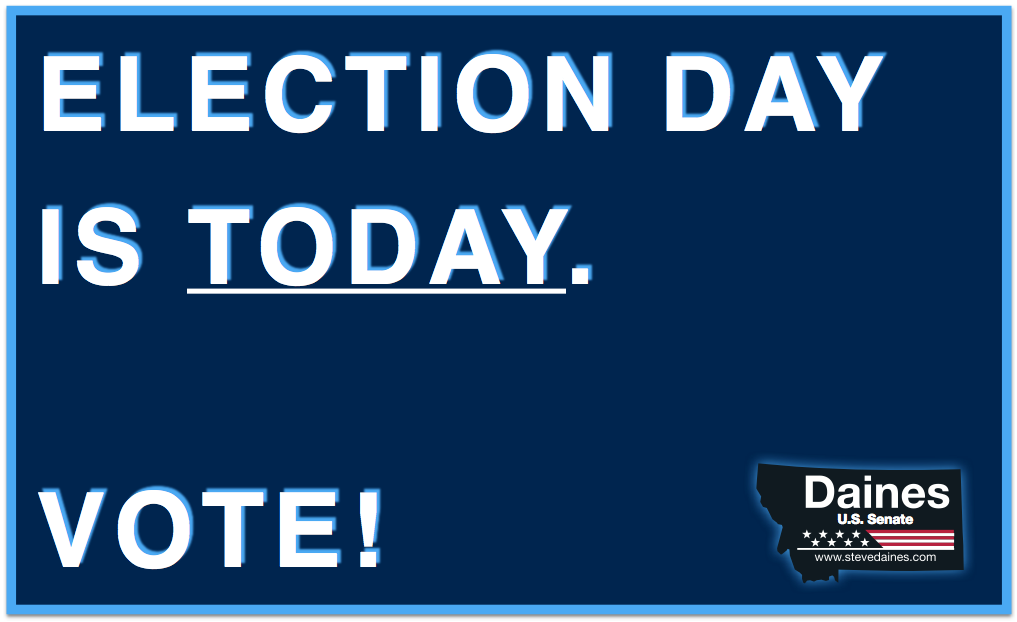 DainesforMT's tweet photo. TODAY IS ELECTION DAY! You can find your polling location here: http://t.co/O7yWGbmY2d #mtpol #mtsen #MontanaFirst http://t.co/Na12sR6JR2