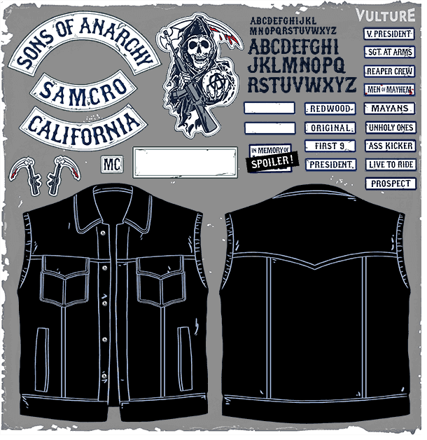 vulture's tweet image. You can now make your own @SonsofAnarchy leather jacket with our fun new drag-and-drop tool: vult.re/1zudNSG