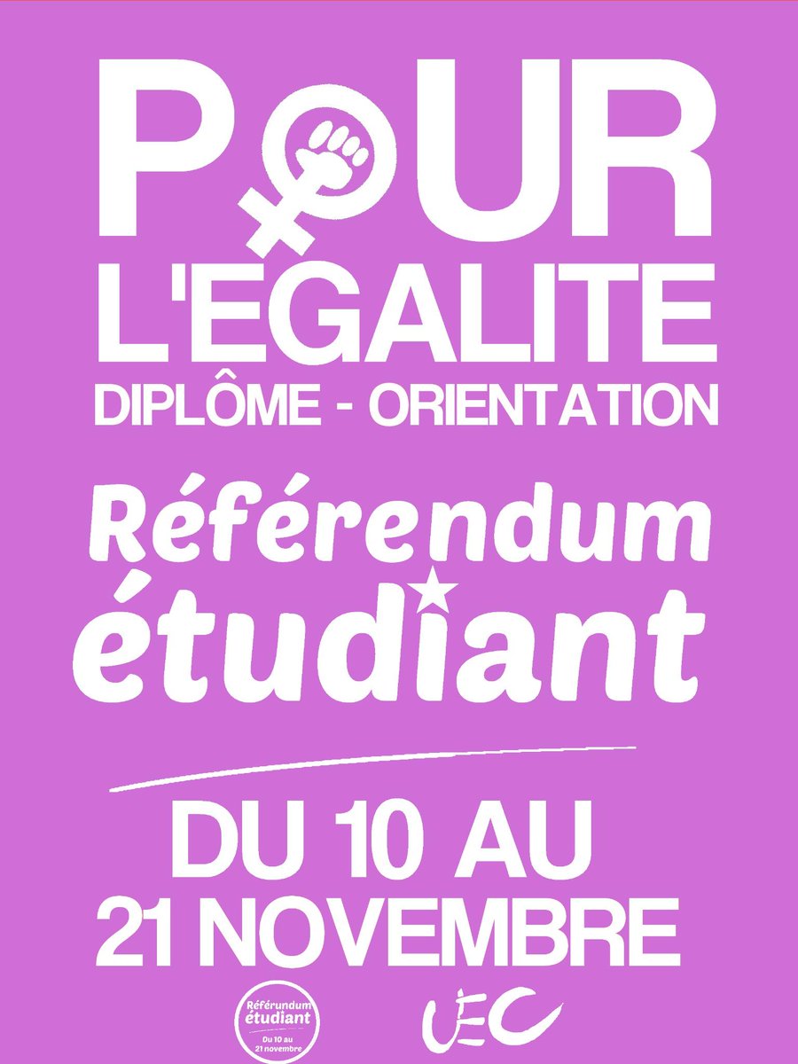 Pour l'égalité, du 10 au 21 novembre, je vote au référendum étudiant ! #UEC #MJCF #egalite