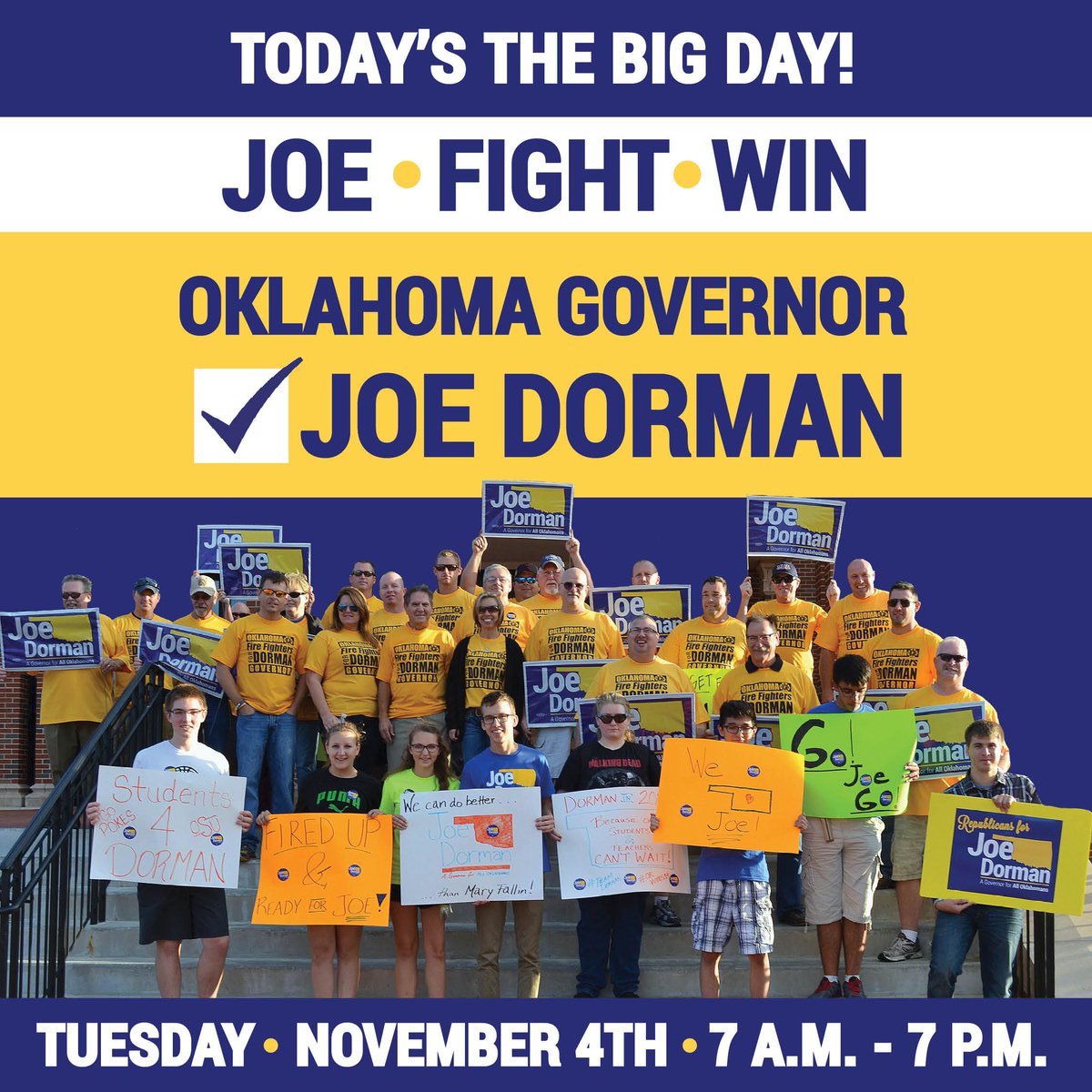 JoeD4OK's tweet photo. Joe - Fight - Win! Grab your friends, run to the polls, & vote Joe Dorman for Governor. Together, we win! #TeamDorman http://t.co/s6OqQR2Tdd