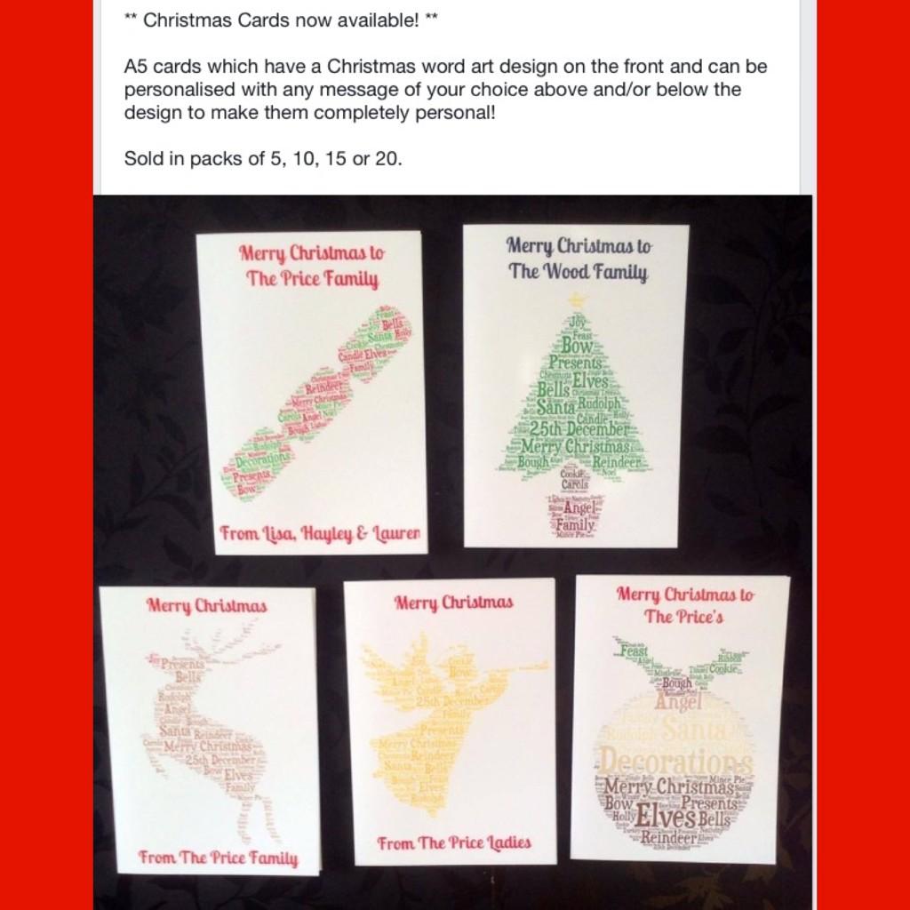 prettypearlyuk's tweet photo. Christmas cards now available! #christmascards #wordart #personalisedcards http://t.co/k5oVomGL41