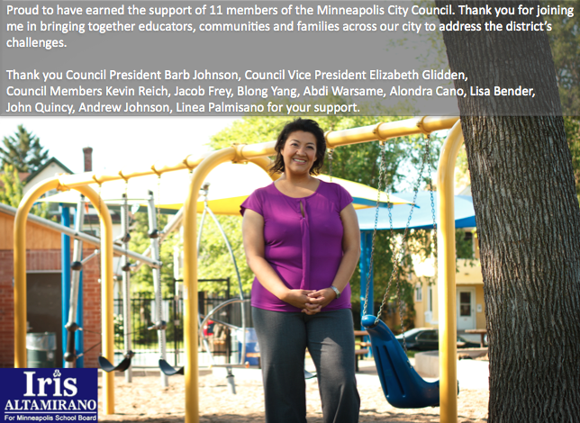 Iris4Kids's tweet photo. Proud to have the support of 11 MPLS Council Members. As you head to the polls please join them in voting for me. http://t.co/tvvjFc1xv7