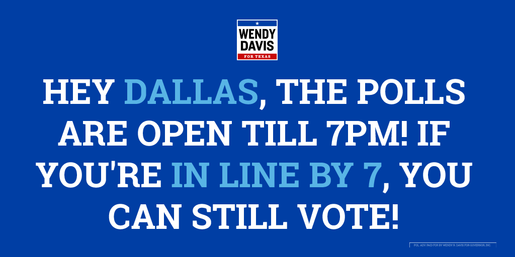 wendydavis's tweet photo. #Dallas, stay in line! As long as you're in line by 7, you can still vote! #DFW http://t.co/FlAjlvdU8l