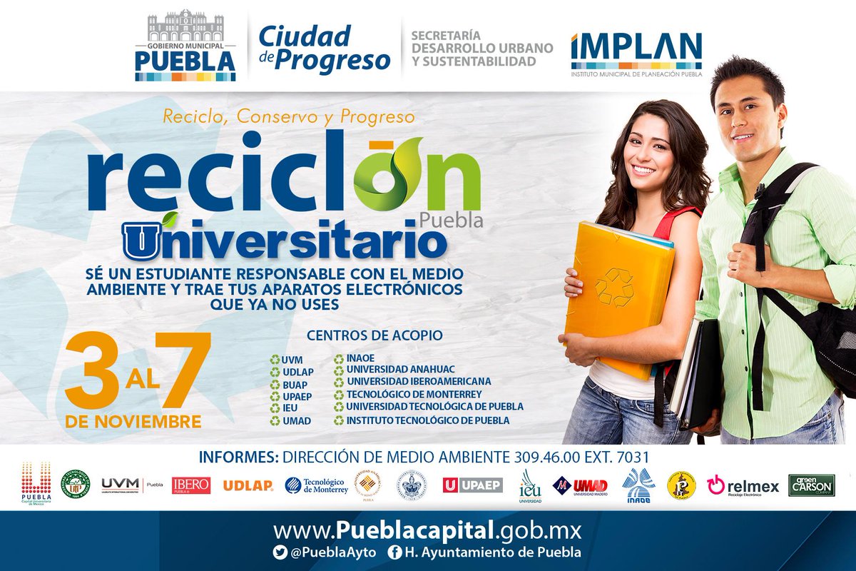 TonyGali's tweet photo. Sumando esfuerzos con las Universidades de #Puebla, realizamos el Reciclón Universitario del 3 al 7 de nov. ¡Recicla! http://t.co/dvUrB1dMs6