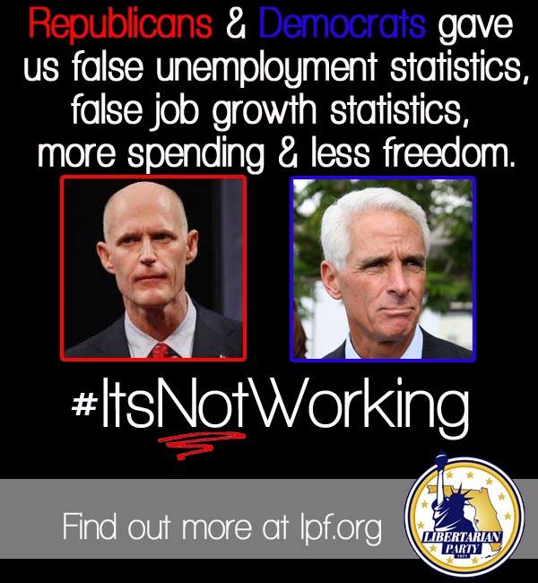 LP_Florida's tweet photo. Both @CharlieCrist and @FLGovScott have taken away YOUR freedoms. #itsnotworking #VoteLPF #2014Elections #GoVote2014 http://t.co/3pJHUrWrFN