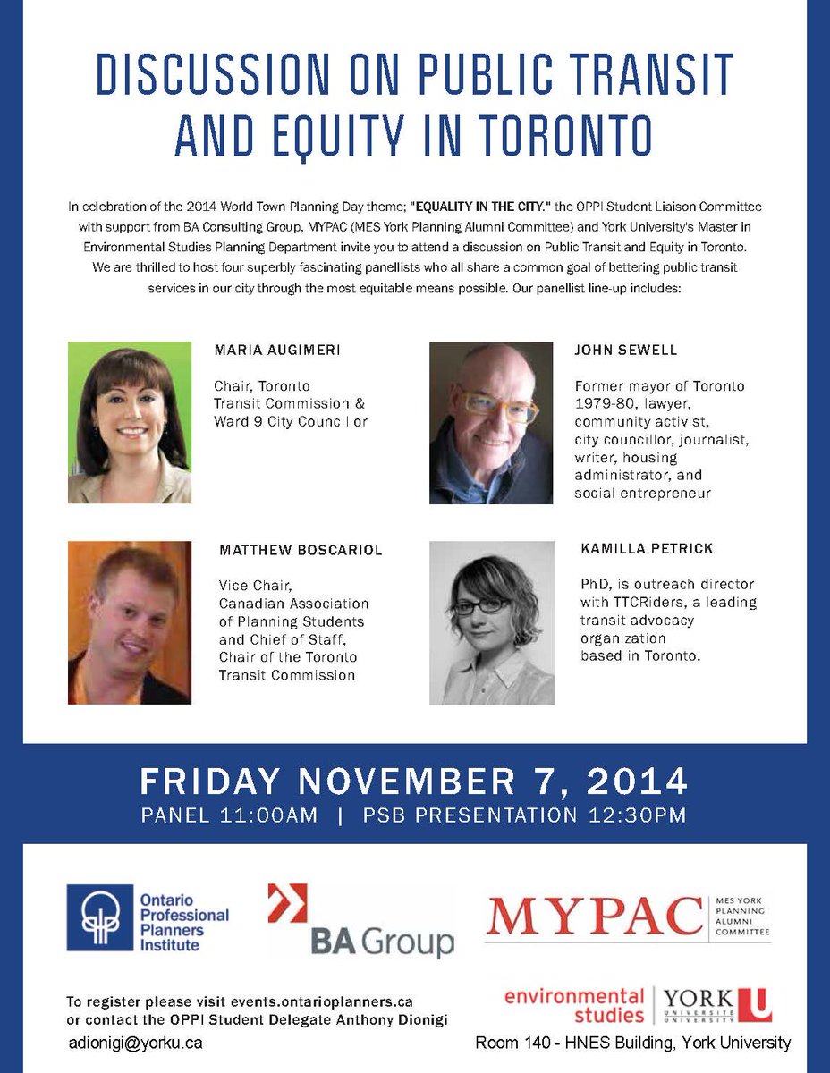 Public Transit &amp; Equity Discussion w. <a href="/MariaAugimeri/">Maria Augimeri</a>, @KamillaPetrick &amp; John Sewell this Friday @ 11am, HNES Rm 140