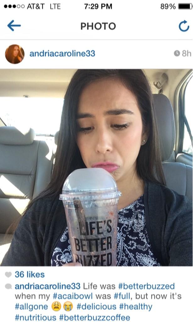 AndriaCSchultz's tweet photo. My life was #betterbuzzed when my #acaibowl was #full, but now it's #allgone. maybe #alexfromtarget can buy me one http://t.co/MzQ70mVy0S
