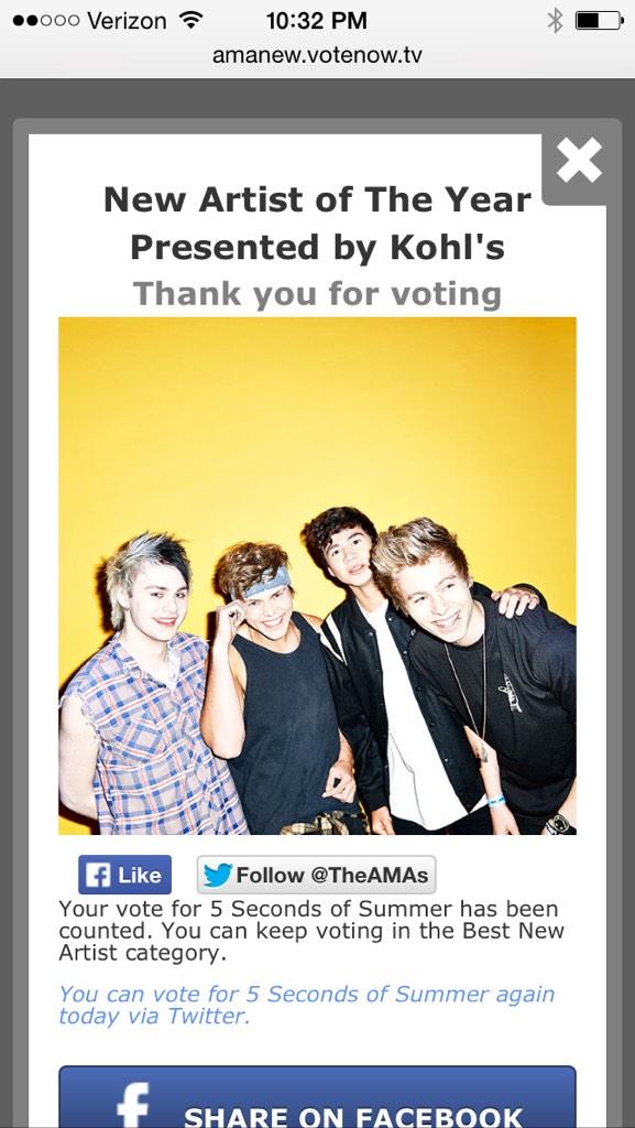 mkstuder91's tweet photo. Cast my vote for AMA New Artist of the Year Award!! Love them! @Calum5SOS @Luke5SOS @Ashton5SOS @Michael5SOS @5SOS http://t.co/oIqLe144Rm
