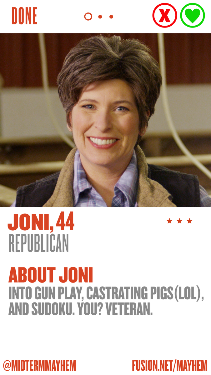MidtermMayhem's tweet photo. VOTE How do you like your pork? Castrated? Joni Ernst is for you. (RT = Swipe right; FAV = Swipe left) #ErectionDay http://t.co/JWsdA1RWot