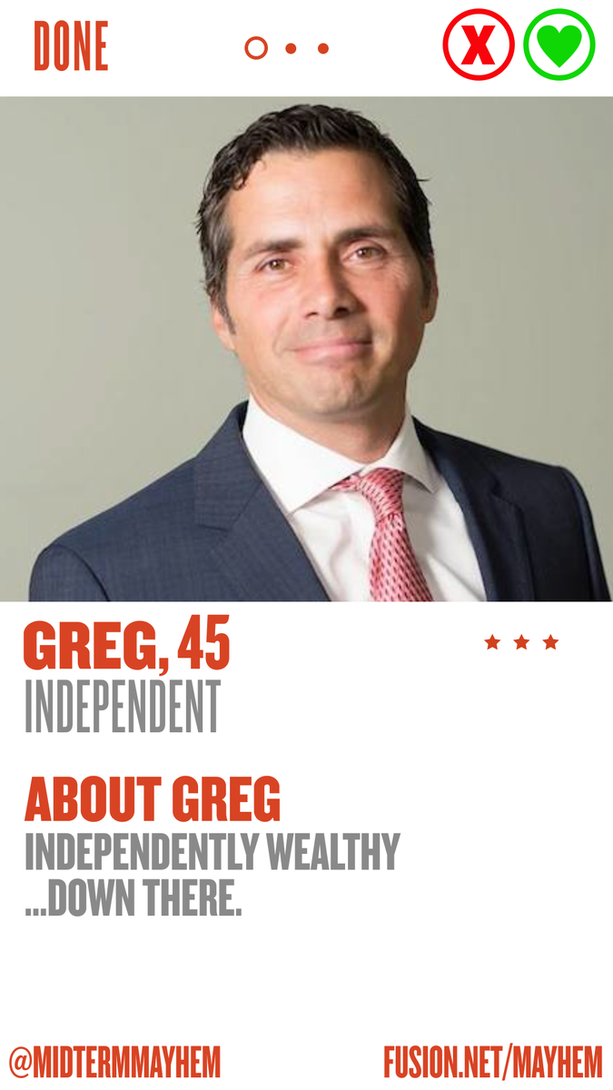 MidtermMayhem's tweet photo. VOTE: Be independent… down there. Greg Orman is. Is he your type? (RT = Swipe right; FAV = Swipe left) #ErectionDay http://t.co/y5X5O2GCnQ