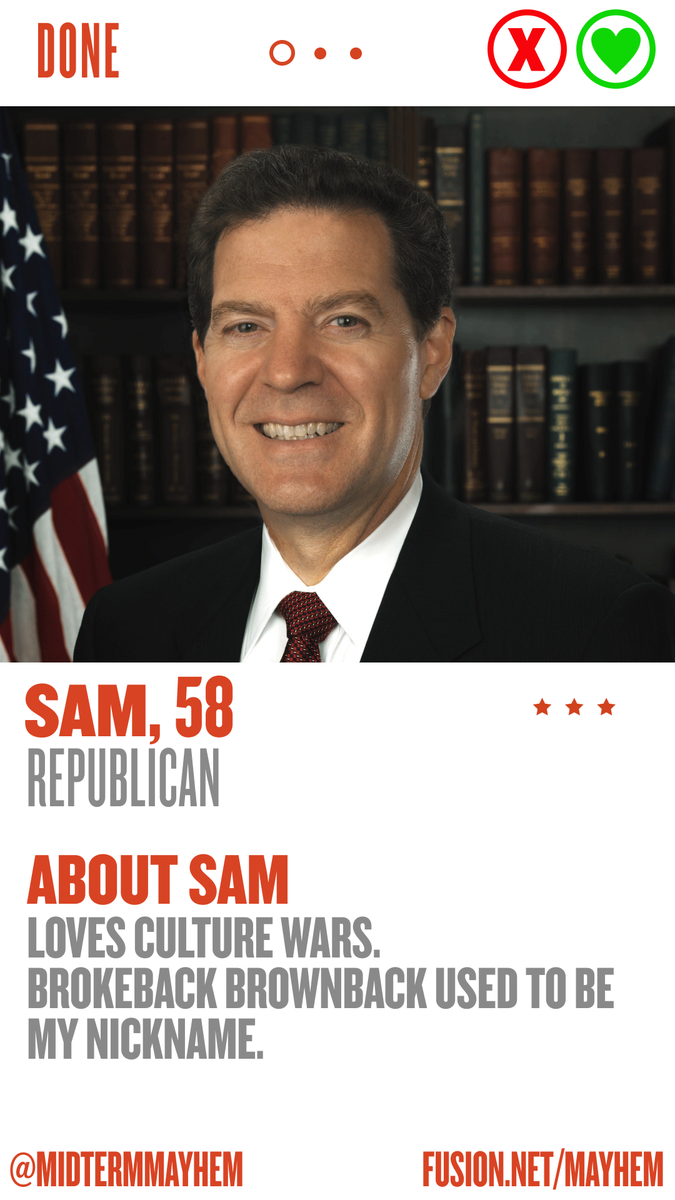 MidtermMayhem's tweet photo. VOTE: More likely to swipe if Sam Brownback was Brokeback? (RT = Swipe right; FAV = Swipe left) #ErectionDay http://t.co/avqKX9u2jO