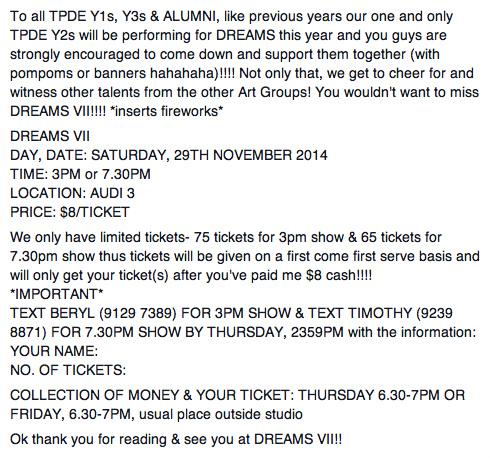 TPDEofficial's tweet photo. To Y1s, Y3s &amp; Alumni, check out LLP on how to get tickets to support the Y2s for Dreams VII! http://t.co/N9r2HvGwHp