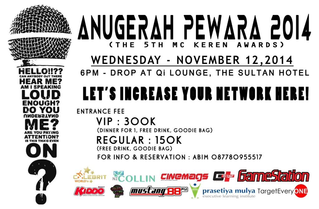 KomunitasMCJKT's tweet photo. RT @mc_acara: Anugerah Pewara 2014 (the 5th mc keren awards). 12 Nov'14, di Sultan Hotel Jkt. Info: @KomunitasMCJKT http://t.co/jbNo91qy4u