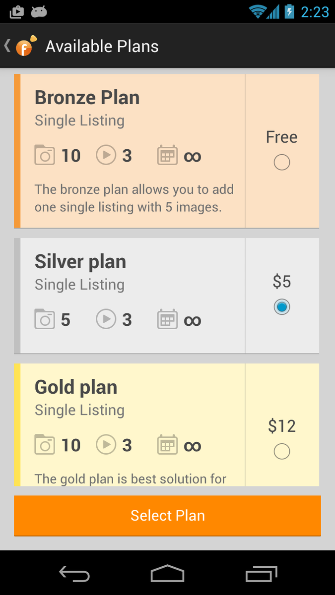 v1rustyle's tweet photo. Still working on new Android App, here the "Select plan" screen, what do you think about? http://t.co/yynqq53Ldq