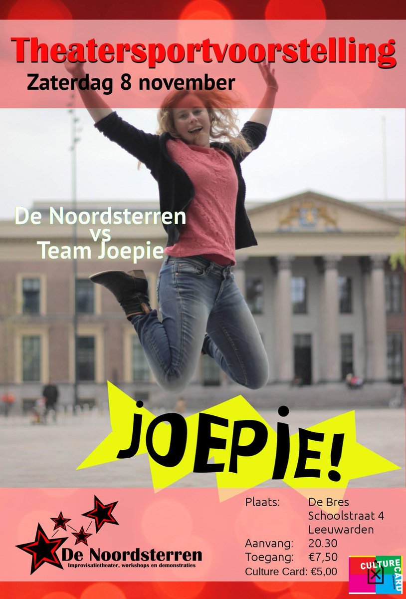 Joepie! Zaterdag spelen we een spannende improvoorspelling in Leeuwarden. Kom je ook? facebook.com/events/2961785…