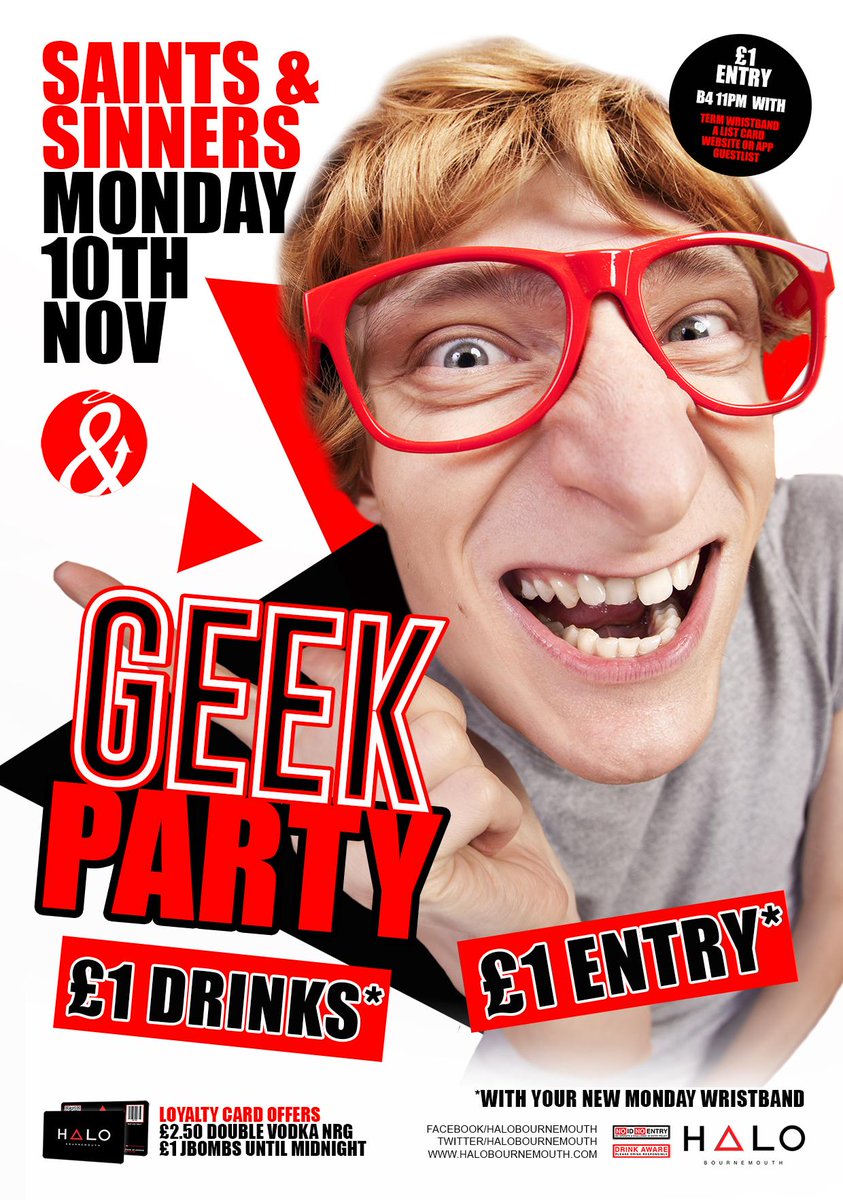 halobournemouth's tweet photo. THIS MONDAY >> THE GEEK PARTY 10.11.14
£1 DRINKS / £1 ENTRY / FREE GEEK GLASSES
http://t.co/6lYs7dbwY9
#HaloMondays http://t.co/jzSLODE7b5