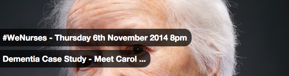 WeNurses's tweet photo. Meet Carol ... she has dementia &amp; has been admitted to hospital > http://t.co/g4pr3GJgcC

Tomorrow #WeNurses 8pm http://t.co/y9qbolPcBj