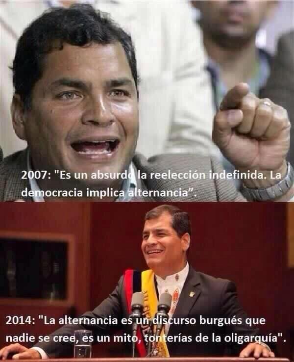 AlbertoAcostaE's tweet photo. COMO DIGO UNA COSA, DIGO OTRA
Correa (2007):
Es un absurdo la reelección indefinida
La democracia implica alternancia http://t.co/1pWUUrm5lX