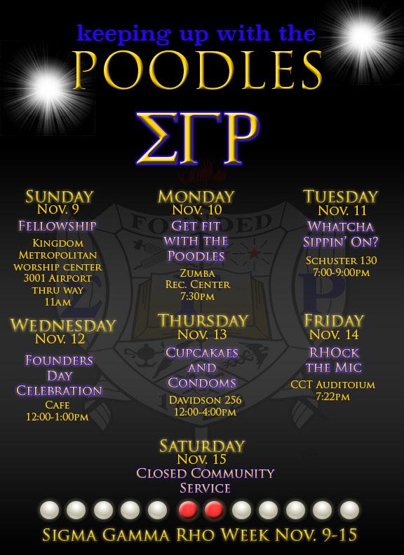 PYPoodles's tweet photo. Sigma Gamma Rho Sorority, Inc week Fall 2014! Come out &amp; support the events &amp; join us in a founder's day celebration! http://t.co/6DIGRbORWC