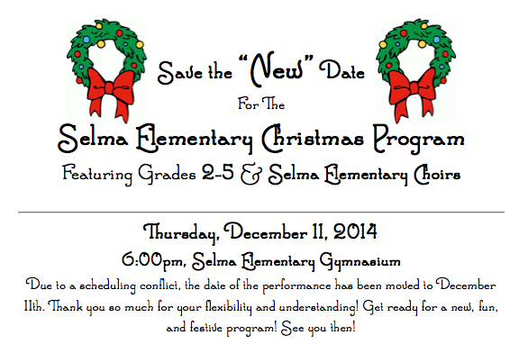MissLMusic's tweet photo. The #SES Christmas Program (2nd-5th &amp; #SESChoir) has been moved to Thursday, December 11th @ 6pm! Spread the word! http://t.co/ftt0fofmtv