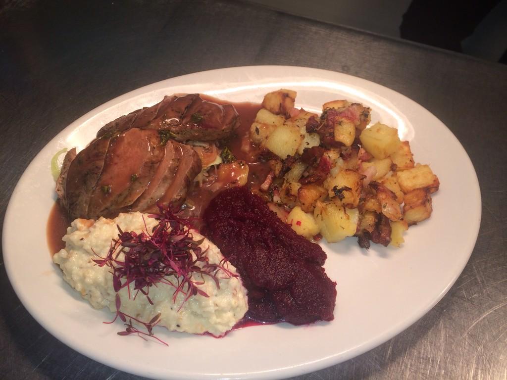 Roast Grouse Breasts, Bread Sauce &amp; Red wine jus. Parmentier potatoes, Beetroot Purée &amp; Cabbage £11.95