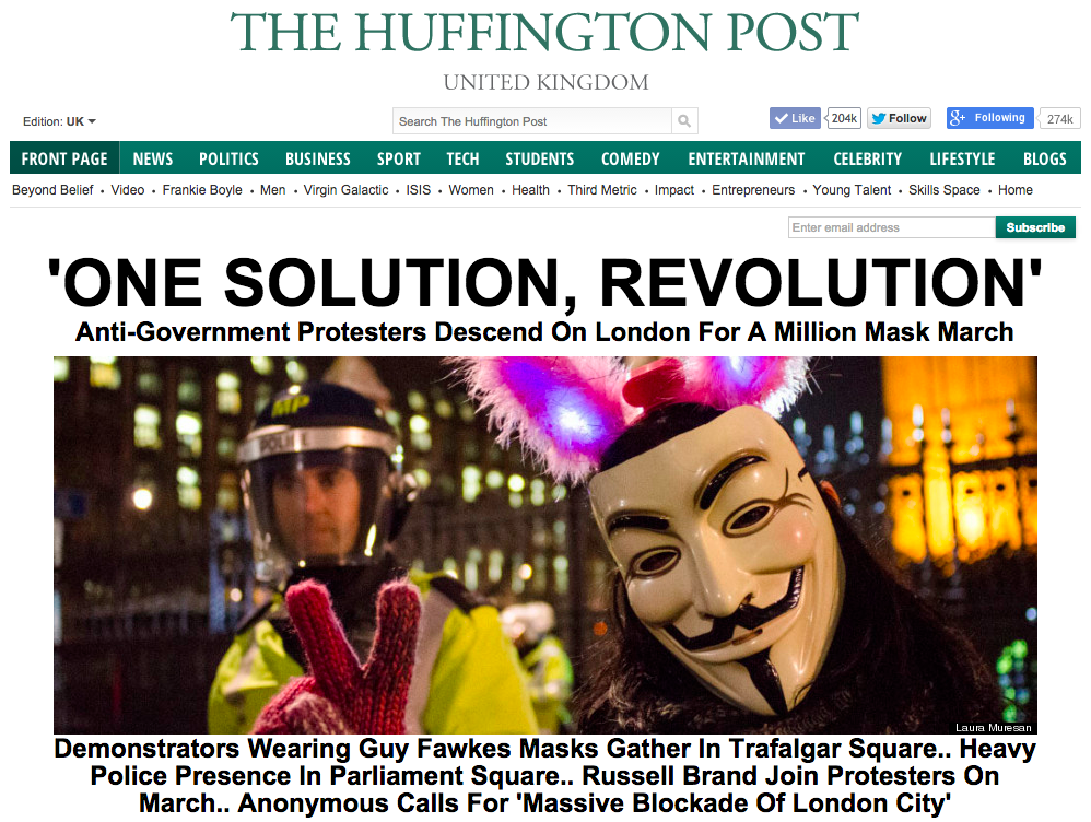 HuffPostUK's tweet photo. Now Leading @HuffPostUK 'One Solution, Revolution' - http://t.co/t8Y45B7Q97 #MillionMaskMarch #MillionMask #London http://t.co/1mWde87CFU