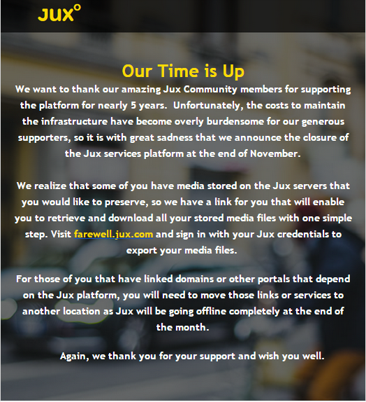 Thank you for your support and feel free to grab your assets at farewell.jux.com. Best wishes!