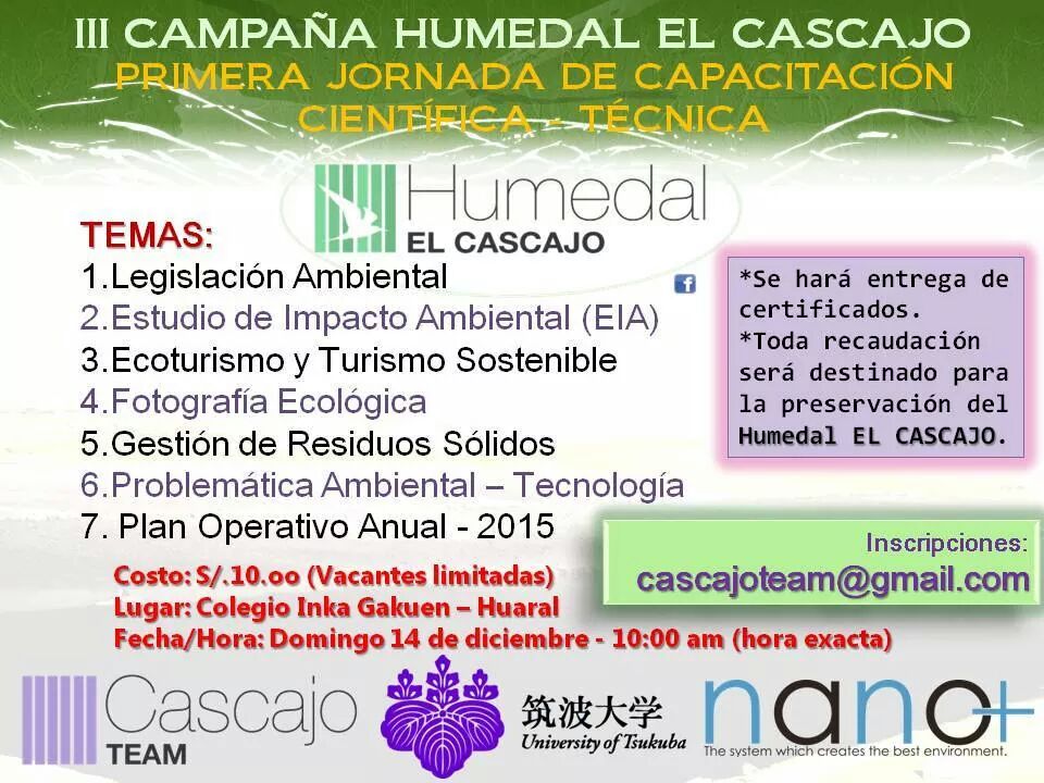 Ya tenemos fecha para la III Campaña Humedal EL CASCAJO.
Pero esta vez no de Limpieza, sino de Capacitacion.