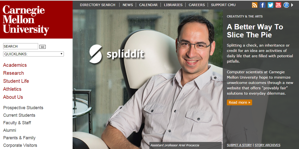 Spliddit (@spliddit) on Twitter photo For those who didn't see, we're on the front page of cmu.edu for the day! <a href="/CarnegieMellon/">Carnegie Mellon University</a> For those who didn't see, we're on the front page of cmu.edu for the day! <a href="/CarnegieMellon/">Carnegie Mellon University</a>