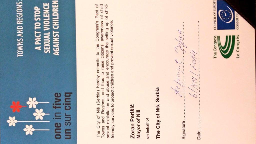 ProfdrPerisic's tweet image. Ниш први град у Србији, који је потписао Пакт против сексуалног злостављањa деце! #stopnasilju #Niš #oneoffive