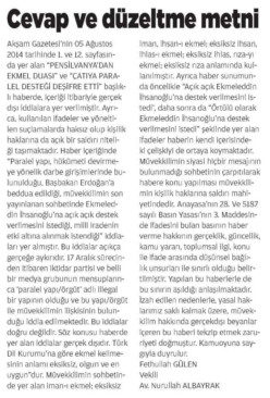 fgulenav's tweet photo. Akşam Gazetesi "Pensilvanya'dan Ekmel Duası" başlıklı haberin gerçek dışı olduğuna ilişkin tekzip yayınlamıştır. http://t.co/2Hhs2KDSTe