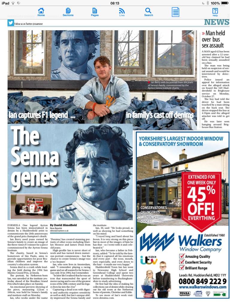 JasonMcCartney's tweet photo. Fab coverage of Netherton artist Ian Berry's amazing denim portrait of F1 legend Ayrton Senna @denimu_tweet @Examiner http://t.co/Zc1ClMtww2