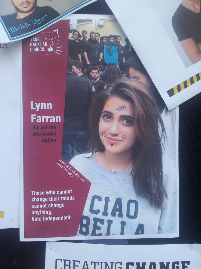 ASMovement's tweet photo. Some gender issues at LAU Beirut. This is our lovely candidate poster Lynn Farran http://t.co/71uaLBvbGm