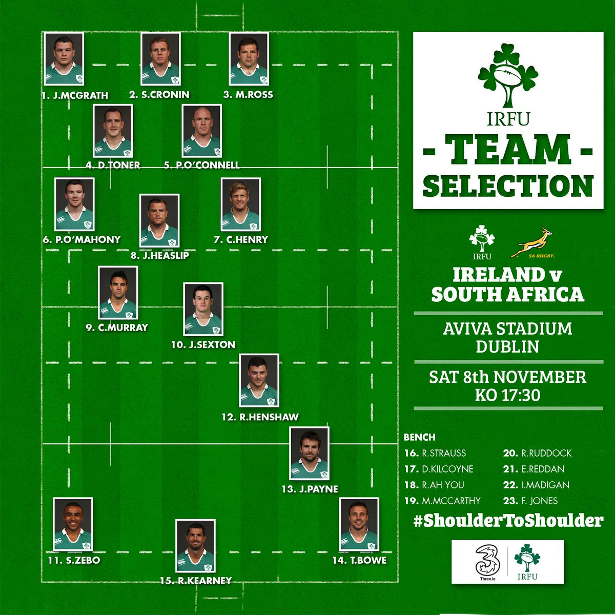 IrishRugby's tweet photo. The @IrishRugby team to play @bokrugby has been named. #ShoulderToShoulder #IRLvSA 1 new cap in @thepain15 http://t.co/dpmwQL9RhK