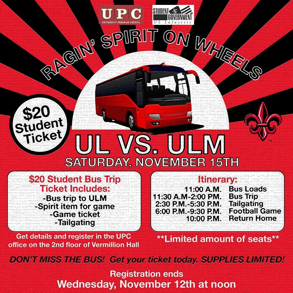 ULFirstYear's tweet photo. Want to see #ULLvsULM then head to @UL_UPC to buy tickets for a travel package #Cajunsof2018 #RaginSpiritOnWheels http://t.co/CG30H21Lcb