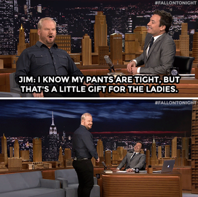 FallonTonight's tweet photo. According to @JimGaffigan, tight pants are in this season... https://t.co/h7EI1JYdU6 http://t.co/ujpC7FwJwf