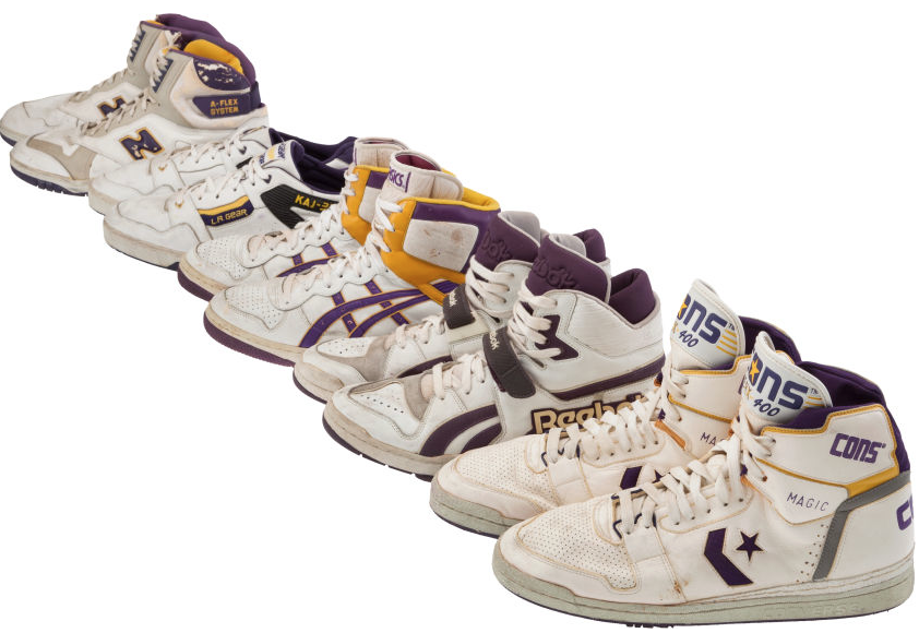 darrenrovell's tweet photo. Game-used shoes by the 1989 LA Lakers starting five http://t.co/wcbEPLA19v