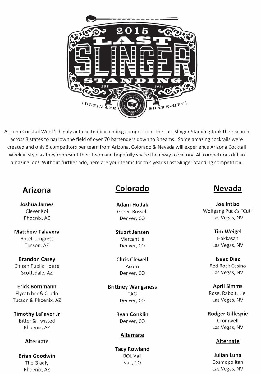 Lastslinger's tweet photo. Here are your Slinger Standing teams for 2015
@Lastslinger @AZ_CocktailWeek @usbg @Mixology @tastingpanel http://t.co/m7zdxDUsga
