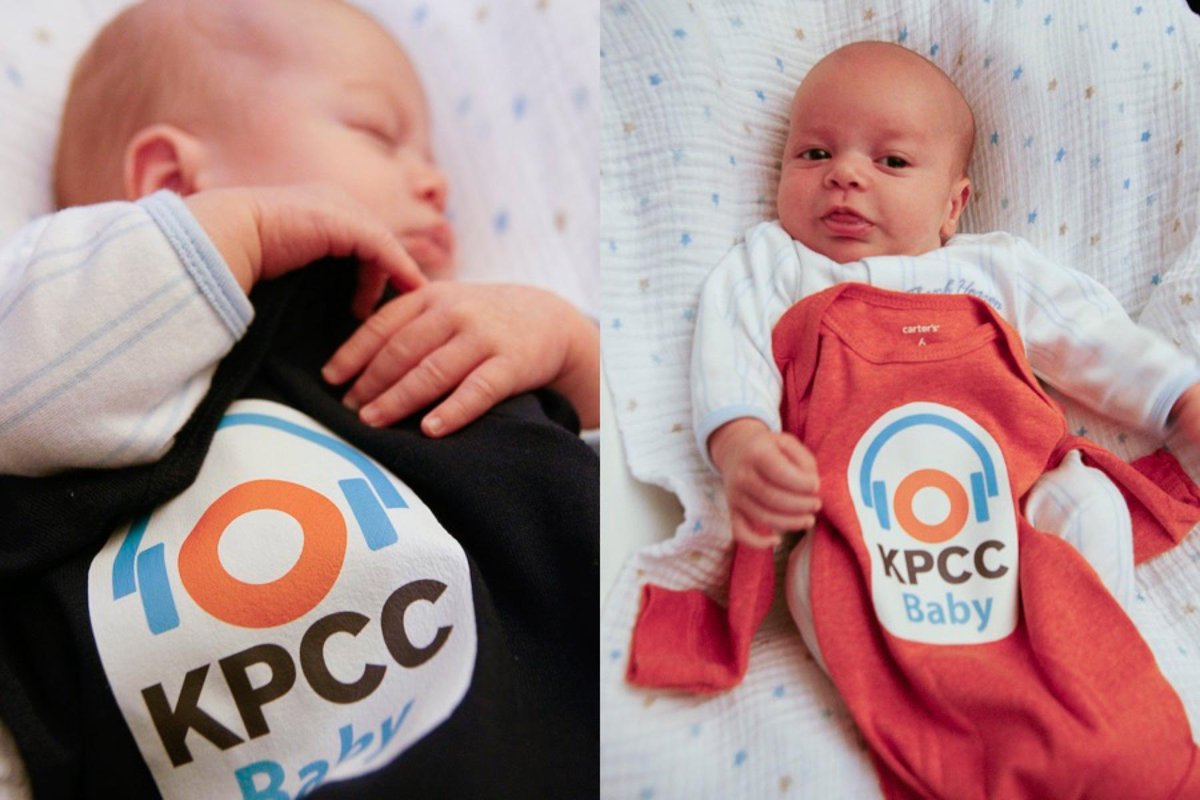 ewrcode's tweet image. Bobby’s already got his first public radio swag thanks to my colleagues at @KPCC Digital Media.