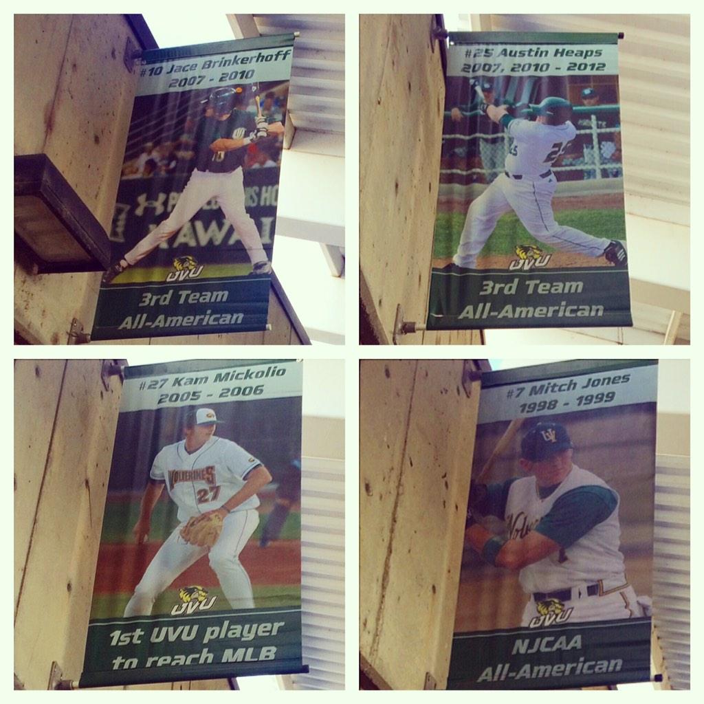 UVUbsb's tweet photo. UVU's ballpark banners. Jace Brinkerhoff, Austin Heaps, Kam Mickolio, Mitch Jones #WolverineWay #ProWolverines http://t.co/MweJILFJl5