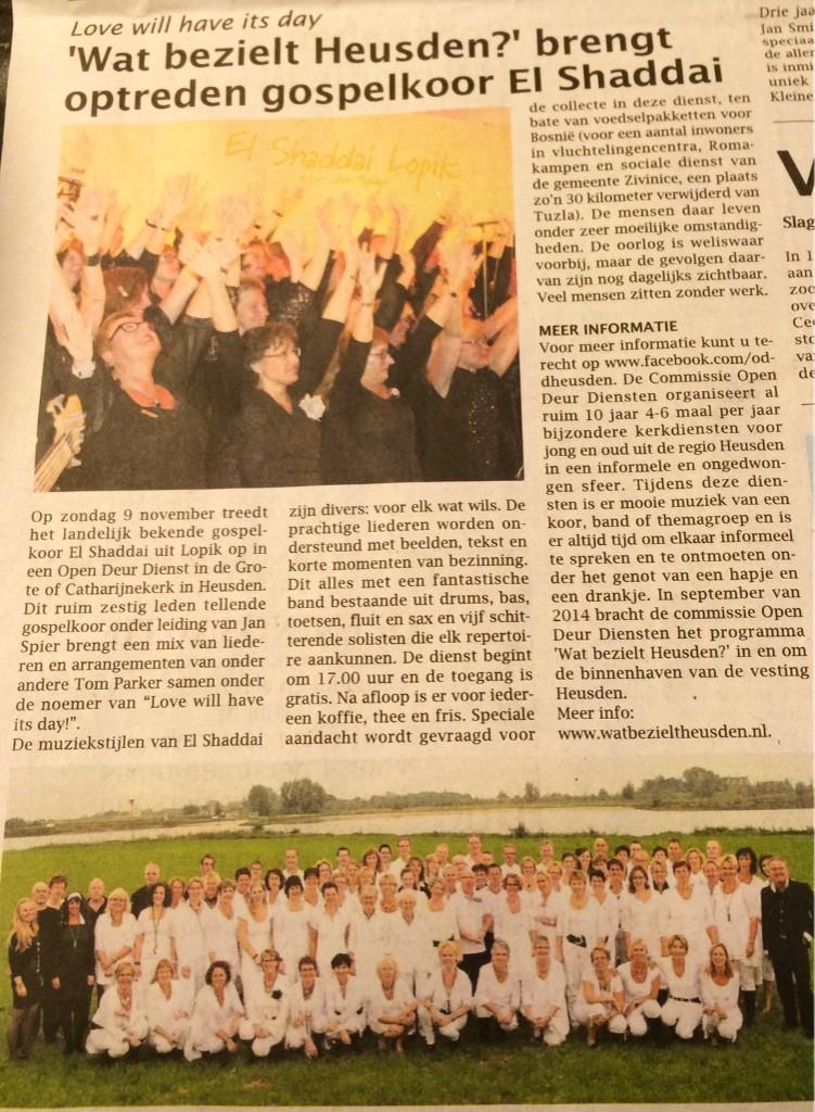 Mooi bericht over het optreden van gospelkoor El Shaddai zondag a.s. Opbrengst voor voedselpaketten Bosnië.