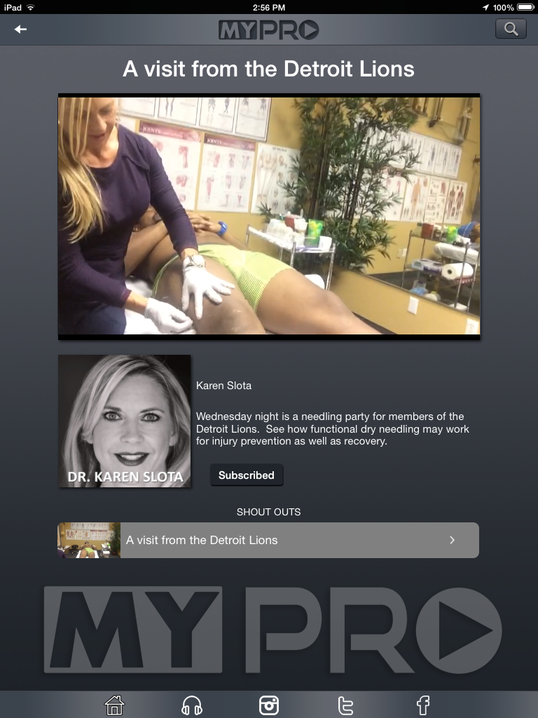 MyProPlay's tweet photo. Dr. Karen Slota has a 'needling party' for members of the Detroit Lions. Download free app: http://t.co/g1XDnvRLnP http://t.co/5D6AlWMXCc